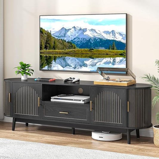 70" Fluted TV Stand for Tvs up to 80", Mid-Century Modern Entertainment Center with Drawers and Fluted Doors, Curved TV Media Console Table with Sliding Doors for Living Room, Bedroom (70" Black)