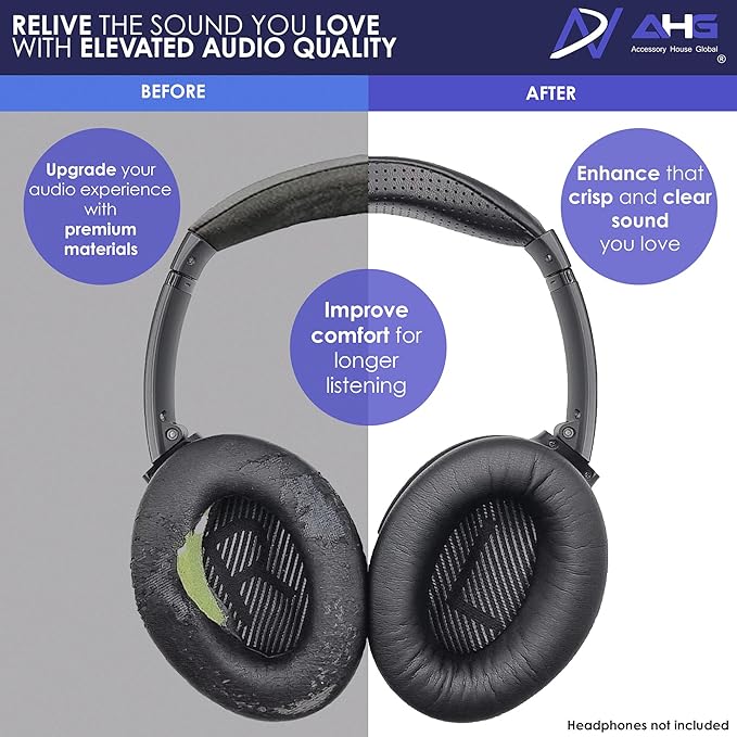 Replacement QC35 / QC35 ii earpads and QC35 Headband / QC35 ii Headband V3 pad Cushion Compatible with Bose QuietComfort 35 (QC35) and Bose QuietComfort 35 ii (QC35 ii) (AHG-QC35-COMBO-SHPSKN-HB)