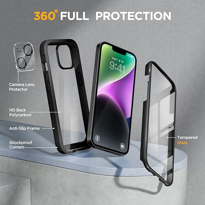 Miracase Designed for iPhone 14 Case 6.1 inch, [Built-in Tempered Glass Screen Protector] [Bubble Free] Full-Body Protective Bumper Phone Case with Camera Lens Protector, Black