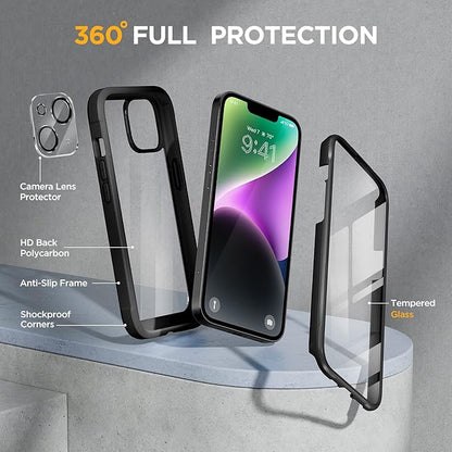 Miracase Designed for iPhone 14 Case 6.1 inch, [Built-in Tempered Glass Screen Protector] [Bubble Free] Full-Body Protective Bumper Phone Case with Camera Lens Protector, Black