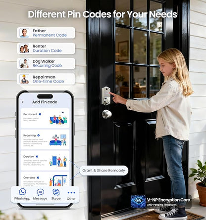 Veise VE017-K Fingerprint Smart Lock with 2 Knobs, App Control, Keyless Entry Front Door Lock with Handle Set, Electronic Digital Touchscreen Keypad Deadbolt, IP55 Waterproof, Auto-Lock, Satin Nickel