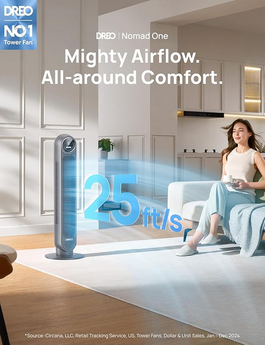 Dreo Tower Fan for Bedroom, 25ft/s Velocity Quiet Floor Fan, 90° Oscillating Fans for Indoors with 4 Speeds, 4 Modes, 8H Timer, Bladeless Fan, Standing Fans, Grey, Nomad One (DR-HTF007)