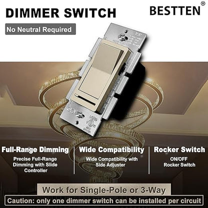 BESTTEN 10 Pack Matte Champagne Gold Dimmer Light Switch, Single Pole or 3-Way, Compatible with Dimmable LED, CFL, Incandescent and Halogen Bulb, 120VAC, Signature Collection, UL Listed