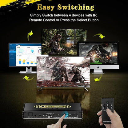 CORSAHD 4K@120Hz HDMI 2.1 Switch 4 in 1 Out with Audio Extractor,48Gbps,HDCP 2.3,HDR 10+,ARC,VRR,ALLM,CEC,IR Remote,Optical SPDIF 5.1Ch,AUX L/R 3.5mm 2.1Ch,HDMI Switcher 4x1,4 Port HDMI Selector