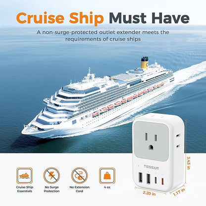 USB C Charger Block 20W, TESSAN PD Fast Charging Adapter with Foldable Plug, 1875W Power Outlet Extender(4 AC and 4 USB) for Cruise, Home, Office, Dorm