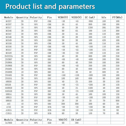 Minidodoca 31 Kinds 580pcs Assorted Type General Purpose TO92 Transistors PNP NPN Bipolar Power Transistor Assortment Kit 2n7000 Mosfet,BC517 Darlington,A42 High Voltage Transistors 2n2222A 2n3904