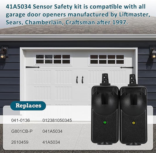 2025 Upgrade 41A5034 Safety Sensor Kit Compatible with Liftmaster Chamberlain Sears Craftsman Garage Door Opener Made After 1997, Replace G801CB-P (10 Years Warranty)