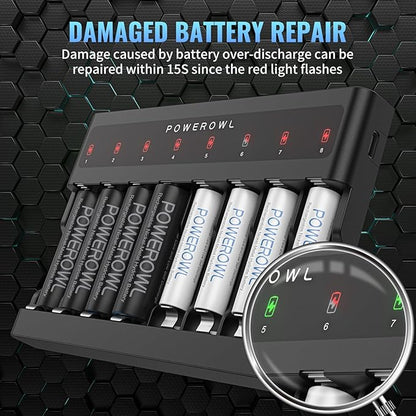 POWEROWL AA AAA Battery Charger 8 Bay, Independent Slot, USB Fast Charging for Ni-MH Ni-CD Rechargeable Batteries