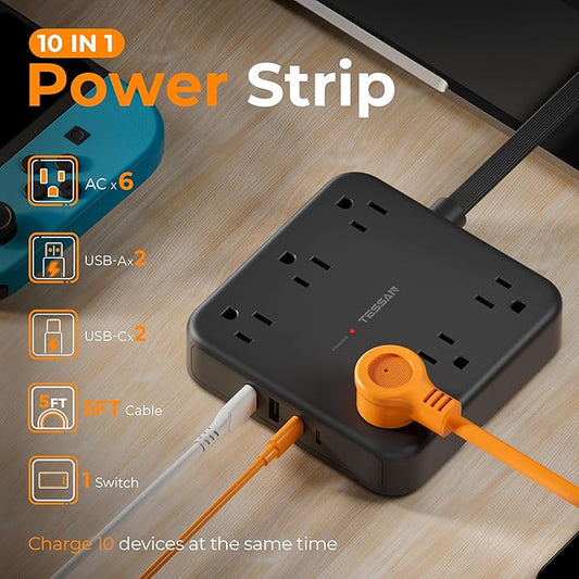 TESSAN Black Extension Cord with Fast Charger, Surge Protector Power Strip with 6 Outlets and 4 USB Ports (2 USB C), 2100 Joules Protection, Flat Plug, Multi Outlet Extender for Home, Office, Dorm