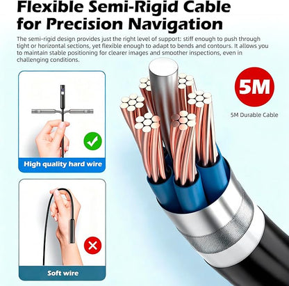 5" Dual-View Handle Endoscope Camera,2MP Front&Side Lens,IP67 Waterproof 5M Semi-Rigid Cable,360° Probe Control,4-Level LED,3X Zoom,Video&Photo Recording,Inspection Camera for Industrial Use,32GB Card
