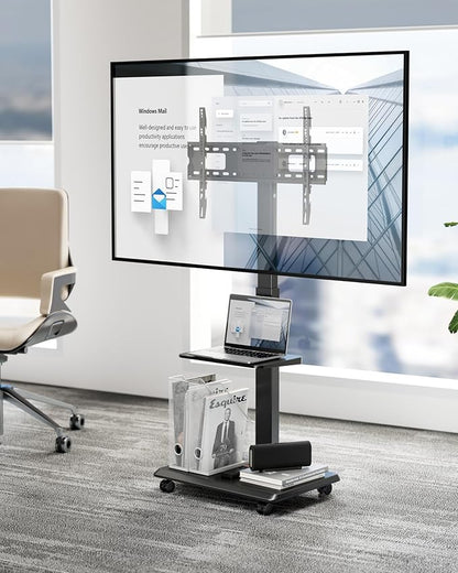 ECOTINY Steel Base Rolling TV Stand with Power Outlet for 32-75 inch TVs up to 110 lbs, Leveling & Tilt & Swivel Mobile TV Stand with Hidden Wire Management, Height Adjustable Portable Tv Stand, Black