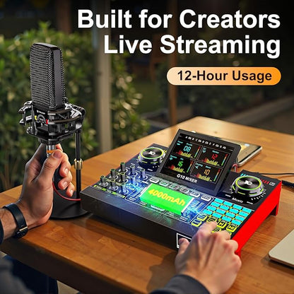 Live Sound Card Audio Mixer, Podcast Equipment Bundle with 3.5mm Condenser Microphone for Pc/Phone Live Streaming Singing Gaming, Sound Board with Voice Changer, Denoise