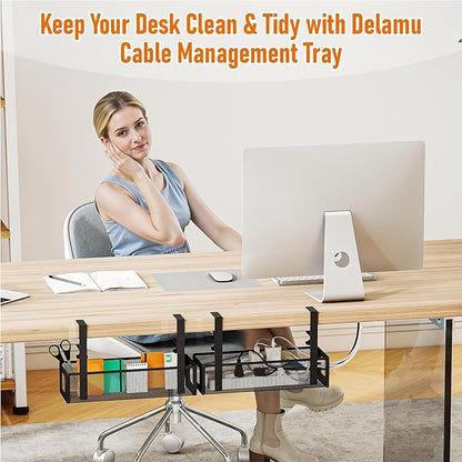 DELAMU Under Desk Cable Management Tray - Cable Management Tray No Drill with F-Clamp Design, Metal Mesh Cord Organizer, Sturdy Wire Organizers for Cords for Home Office Standing Desk, Black