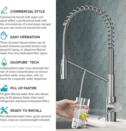KRAUS Oletto 2-in-1 Commercial Style Pull-Down Single Handle Water Filter Kitchen Faucet for Reverse Osmosis or Water Filtration System in Spot-Free Stainless Steel, KFF-2631SFS