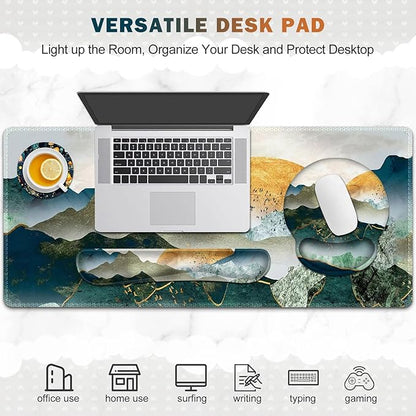 Gaming Mouse Pad, Large Desk Mat, Cute Desk Pad Protector, 4in1 XXL Mousepad +Keyboard Wrist Rest+Mouse Wrist Rest+Coaster Set with Ergonomic Desk Pad for Home Office Table Computer Green Mountain