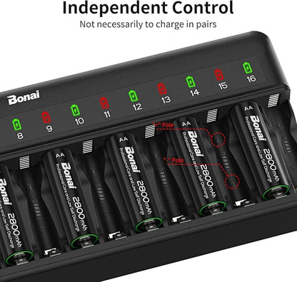 BONAI AA AAA Battery Charger 16 Bay for NiMH Rechargeable Batteries Independent Control with LED Light and Standard American AC Charging Plug, Battery not Included - Black
