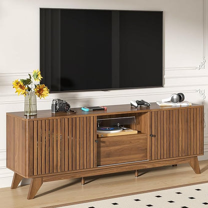 Oubayajia Mid Century Modern TV Stand for Televisions up to 70 Inches, with Sliding Doors and Storage, Curved Edge Television Stands, TV Consoles, Media Consoles for Living Room (Walnut, 63inch)