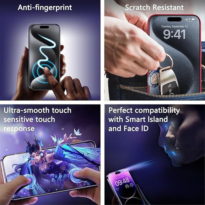 (2-Pack Anti-Spy Privacy Screen Protector for iPhone 15 Pro (6.1-Inch),9H Tempered Glass,Full Coverage,Anti-Fingerprint,Auto Dust Removal,Bubble-Free,Easy Installation