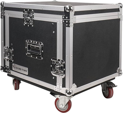 Sound Town Enhanced Thickness 1/2” (12mm) Plywood 8U Audio Rack/Road ATA Case with 11U Slant Mixer Top, 20’’ Rackable Depth, Casters, 8 Space Size, Pro Tour Grade (STMR-8UW)