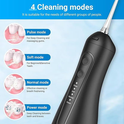 R REVA Portable Water Flosser for Teeth - 4 Modes Cordless Oral Irrigator with 300ML Tank, 360° Rotating Nozzle, 4 Jet Tips, Rechargeable, IPX7 Waterproof, Low Noise Gravity Ball Design (M159 - Black)