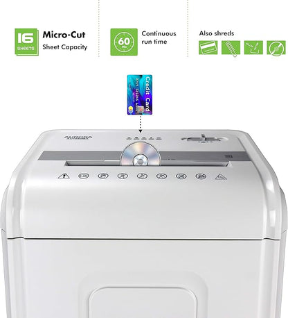 Aurora Heavy Duty High Security 16-Sheet Micro-Cut Shredder/Anti-Jam/60 Min Run Time/ 7-Gallon Pullout Basket and Casters, AU1680MA