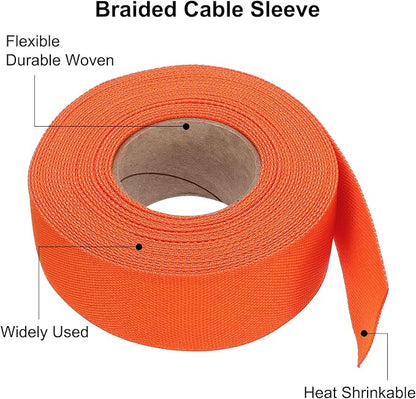 MECCANIXITY Braided Cable Sleeves Heat Shrinkable Fabric Sleeving, 1 1/4" 33ft Orange 2:1 Ratio Heat Shrinkable Cord Protector for Harness Cable, Network Cable Protection, Cable Management