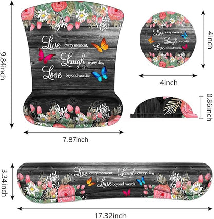 Keyboard Wrist Rest and Mouse Pad Wrist Support Set with Coasters, Non-Slip PU Base Ergonomic Gaming Mousepad for Home Office Working Studying Easy Typing & Pain Relief, Floral Quote Live Laugh Love
