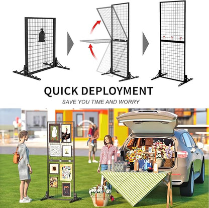 Grid Wall Display Panel Heavy-Duty Foldable, 2ft x 6ft Black Wire Wall Grid 1-Pack with 10 Hooks, Spring-Loaded Pins( Flat Base) for Retail Display Racks,Vendor Booth Display Stand, Trade Exhibits