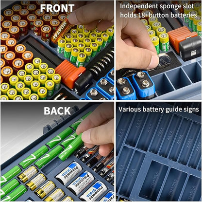 Aptbyte Battery Organizer Storage Holder Box Case with Tester- 269 Batteries Double-Sided Variety Pack, Holds AA AAA 4A C D Cell 9V 3V Lithium LR44 CR2 CR123 CR1632 18650 Button- Blue (Box Only)