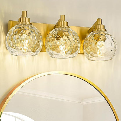 METWET Bathroom Light Fixtures Over Mirror, 3-Light Brushed Gold Vanity Light with Clear Hammered Glass Globe Shade, Modern Sconces Wall Lighting Bedroom Hallway, VL200-BG-3