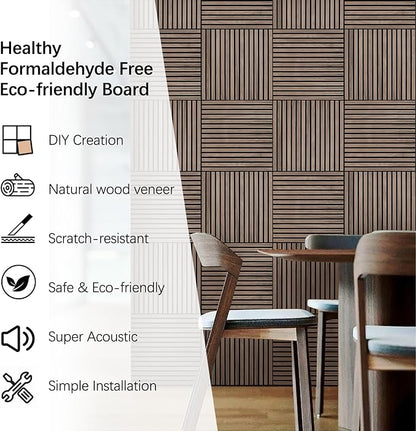 ARMURO Wood Slat Wall Panel - 4 PCS Walnut Wood Panels for Wall, Natural Wood Veneer Acoustic Slat Wood Wall Panels - Wood Slats for Wall Soundproof Wood Panels 23.6" W x 23.6" L