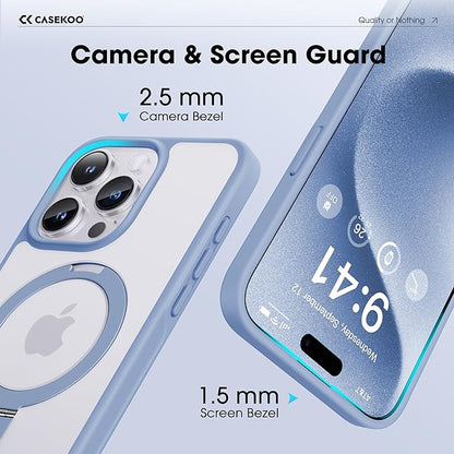 CASEKOO Designed for iPhone 15 Pro Case with Magnetic Invisible Stand [Military Drop Protection] [Compatible with MagSafe] Shockproof Slim Translucent Matte Pro Case 6.1 Inch, Light Blue