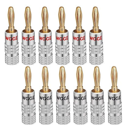 WGGE WG-009 Banana Plugs Audio Jack Connector, 24k Gold Dual Screw Lock Speaker Connector for Speaker Wire, Wall Plate, Home Theater, Audio/Video Receiver and Sound Systems (6 Pairs / 12 pcs)
