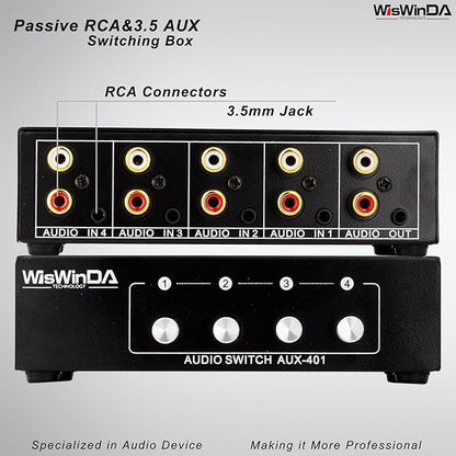4-in 1-Out RCA 3.5mm AuxAudio Switch Box Audio Converter 4 Channels 1-in 4-Out Passive Audio Selector Switcher Box Connectors (RCA+AUX 4IN-1OUT/1IN-4OUT)