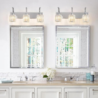 FDPBY 3-Light Crystal Vanity Light, Modern Chrome Bathroom Wall Sconce with K9 Crystal Shades, 23.62" Long Over Mirror Lighting for Vanity, Makeup, Hallway, Elegant & Durable