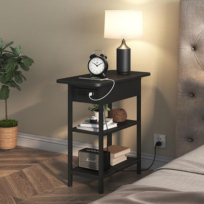 LIDYUK End Table with Charging Station, Set of 2 Flip Top Narrow Side Table for Small Spaces, Nightstands Set of 2 for Bedroom, End Tables Living Room with Storage Shelves, Black
