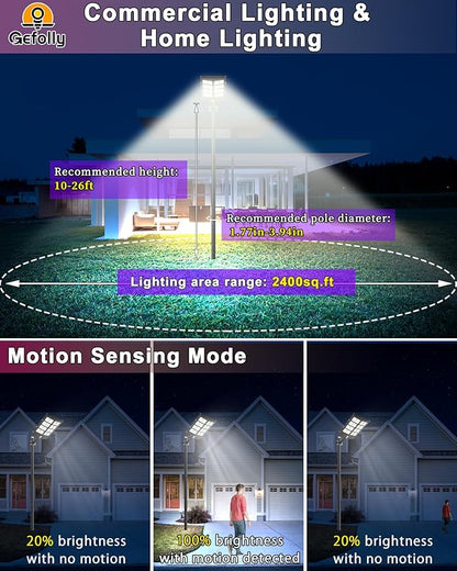 Gefolly SL-3800W Solar Street Light Outdoor 380000LM Wide Angle Commercial Parking Lot Lights Dusk to Dawn 6500K Flood Security Light IP67 Lamp for Basketball Court, Yard, Road