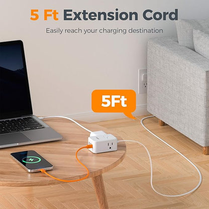 TESSAN Cruise Essentials, Flat Plug Power Strip, 5 Ft Extension Cord with 3 USB (1 USB C), 3 Outlets Small Charging Station, Non Surge Protector for Cruise Ship Travel, Dorm, Home Office, White
