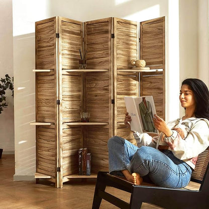Partition Room Dividers, Folding Wood Privacy Screen with Three Display Shelves Suitable for Home Office, Study, Art Display - 5 Panel, 67 * 64inch (Wood)…