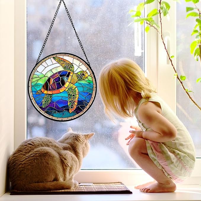 DASTOLL Stained Glass Window Hanging, Colored Turtle Ocean Suncatcher Diamond Glass Panel Hangings Marine Life Sun Catchers Decor for Birthday for Women, Men, Wife, Aunt, Mom 11.8 in