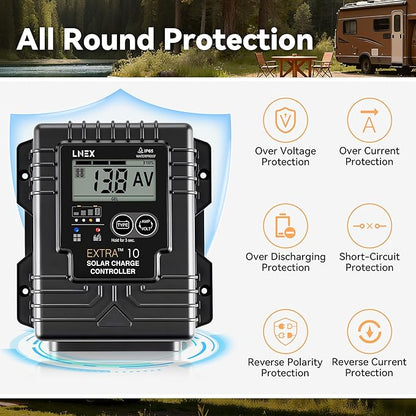LNEX Solar Charge Controller Waterproof, 10A Solar Panel Regulator with Temp Sensor,Backlit LCD, 12V/24V PWM Solar Controller for LiFePO4,AGM, Gel, Flooded and Lithium Battery