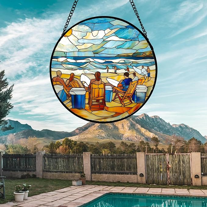 AMDERVEN Stained Glass Window Hanging 4 Pcs Set Blue Ocean Surfing Beach 6.3" - Suncatcher Door Garden Sun Catcher Decor Birthday Mother's Day for Firefighte Men Woman Nana Mom