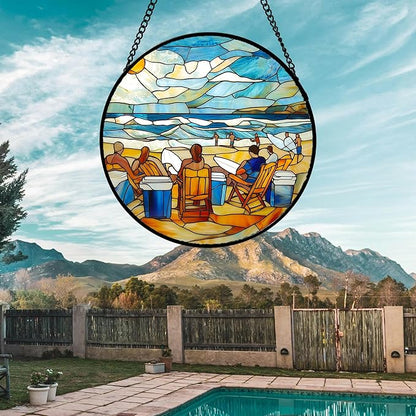 AMDERVEN Stained Glass Window Hanging 4 Pcs Set Blue Ocean Surfing Beach Large 15" - Suncatcher Door Garden Sun Catcher Decor Birthday Mother's Day for Firefighte Men Woman Nana Mom