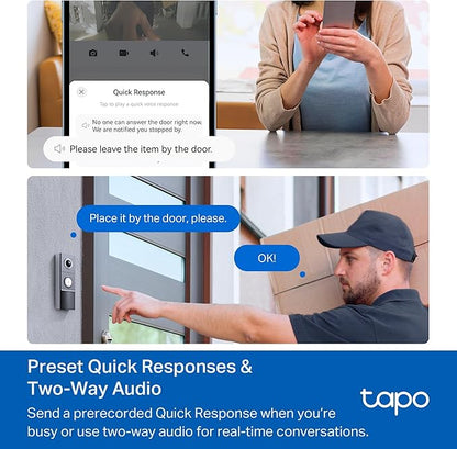 Tapo by TP-Link Smart Video Doorbell Camera with Chime, Battery or Wired, 2K QHD Color Night Vison, No Monthly Fee, 180° Ultra-Wide Head-to-Toe View, Ring Call, Free AI Detection, Local Storage (D225)