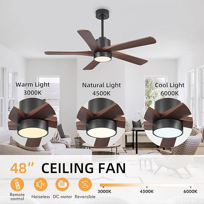 WINGBO 48 Inch DC Ceiling Fan with Lights and Remote Control, 5 Carved Solid Wood Blades, 6-Speed Noiseless Reversible DC Motor, Indoor Ceiling Fan in Matte Black Finish with Walnut Blades