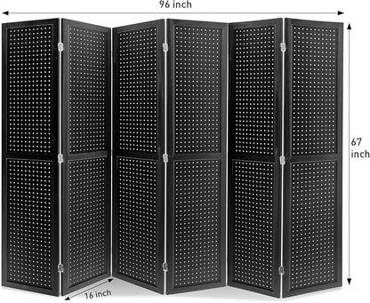 ECOMEX 6 Panel Room Divider, 5.6Ft Pegboard Display Wooden Room Divider Folding Privacy Screen Room Divider Freestanding Peg Board Display for Trade Show Craft Show Home Wall Organizer, Classic Black