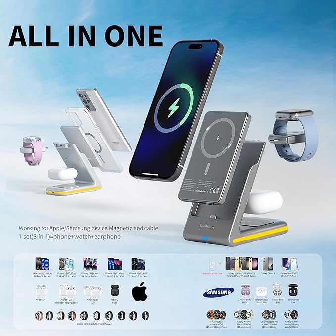 Wireless Charger 5 in 1 Magnetic Charging Station Stand with Portable Power Bank for Apple/Samsung Multiple Devices for Apple Watch 10-2,iPhone 16 15-12 Pro Max/Samsung Galaxy S25 Ultra S24-S8