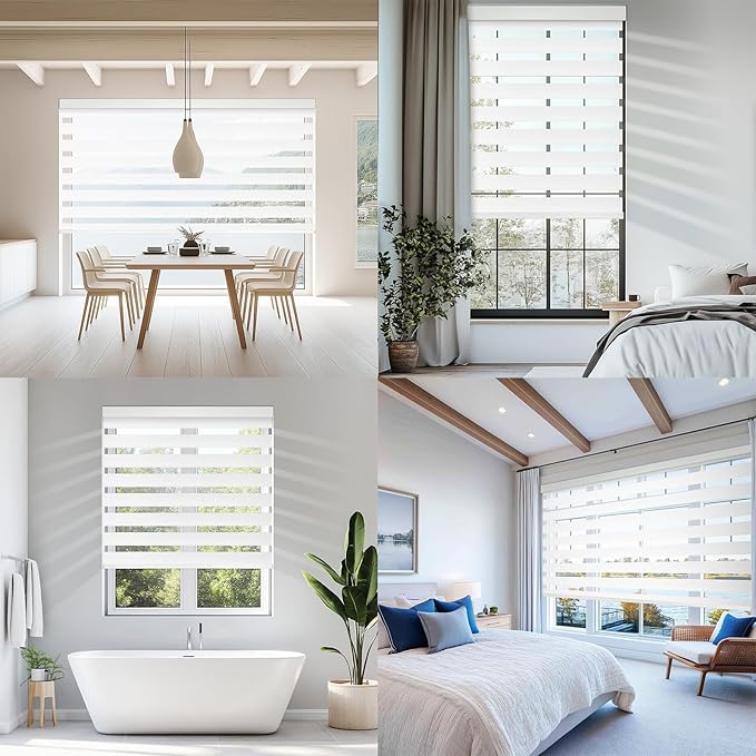 COOLWINDS Motorized Zebra Blinds for Windows Cordless Electric Curtains with Remote Control Blackout Shades Custom Smart Blinds Compatible with Alexa Google Home(Blackout White,W42 X 72in)