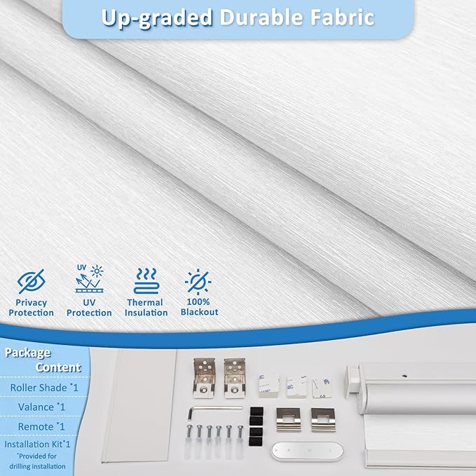 MANSNIX Smart Motorized Blinds with Remote, Cordless No-Drill Automatic Roller Shades, Blackout Electric Blind for Windows, White, 28.5 x 72