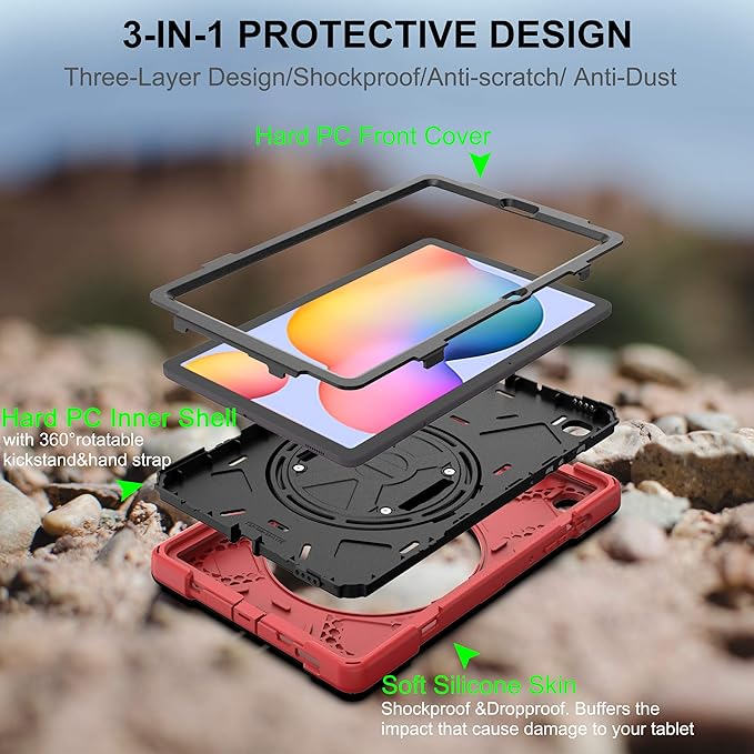 BRAECN for Samsung Galaxy Tab S6 Lite Case, Heavy Duty Rugged Cover with [Rotating Hand Strap] [Carrying Shoulder Strap] [Kickstand] [S Pen Holder] for Galaxy Tab S6 Lite 10.4 2024/2022/2020 -Red